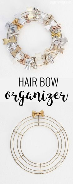 This is a great way to organize girls' bows! All you need is a wreath form and some spray paint! Dollar Tree Storage, Bow Storage, Hair Bow Organizer, Bow Organizer, Organizing Hair Accessories, Hair Bow Holder, Closet Organization Diy, Christmas Hair Bows, Bow Holder