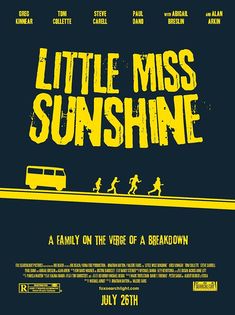 a movie poster for little miss sunshine with people running on the road and bus in the background