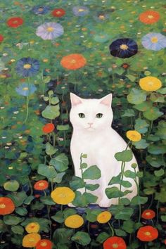 a painting of a white cat sitting in a field of flowers and plants with green eyes