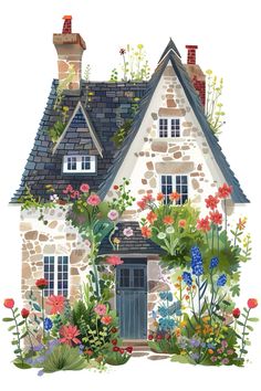 a painting of a house with flowers and plants on the front door, in watercolor