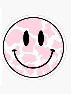 a pink camo smiley face sticker with black eyes and one big smile on it's face