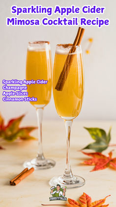 two glasses filled with drinks sitting on top of a table next to leaves and cinnamon sticks