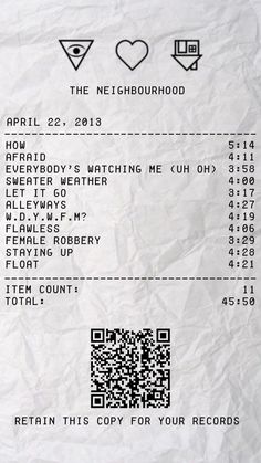 the receipt for an event with qr code and heart symbols on it's side