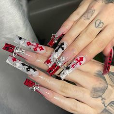 Red And Grey Nails Design, Red Nail Sets, Acrylic Nail Set, Red Acrylic Nails, Edgy Nails, Glamour Nails