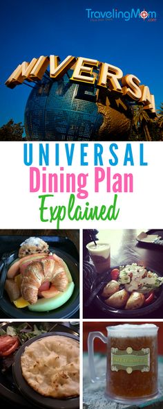 an advertisement for universal dining plan with pictures of food and drinks