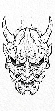 a black and white drawing of a demon mask