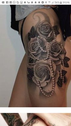 a woman's thigh with roses and pearls on it, next to an image of her stomach