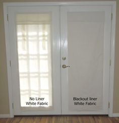 two white doors with the words no liner, white fabric and blackout liner written on them