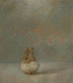 a painting of a vase with red flowers in it on a white tablecloth and gray background