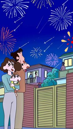 a family watching fireworks in the sky over a city at night with their child on his lap