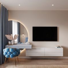 a large flat screen tv mounted to the side of a wall in a living room