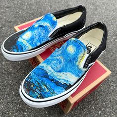 You'll be a walking piece of art with this famous Van Gogh painting on your shoes! We buy each pair of shoes BRAND NEW. The ink is permanent and will never come off. Made in the USA. This price includes everything: shoes and artwork. Note: Blvd Custom is in no way affiliated with any of the shoe brands or companies that are featured on our website. Each pair of shoes is ordered lawfully bought at retail price. Then we are able to print artwork and designs on the shoes to create for our supporter Diy Painted Vans, Painting Vans, Shoes Artwork, Ons Shoes, Night Slip, Van Gogh Painting, Van Gogh Paintings, Starry Night Van Gogh, Black Vans