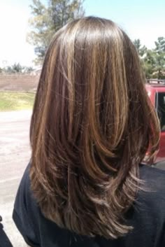 Mix Brown Hair Color, Striped Highlights Hair Dark Brown, Layered Hair Dye, Caramel Chunky Highlights, Light Streaks In Dark Hair, Y2k Layered Hair, Layered Hair Highlights, Long Brown Hair Balayage, Layered Highlighted Hair