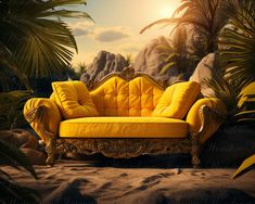 a yellow couch sitting on top of a sandy beach next to palm trees and rocks