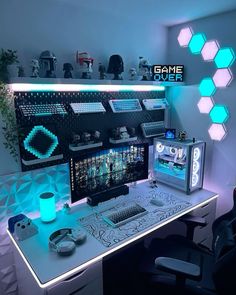 a desk with a computer, keyboard and mouse on it in front of a game over sign