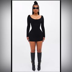 Mini Dress Long Sleeve Scoop Neck Low Back Compression Rib 86% Rayon 14% Spandex White Mini Dress Black Boots, Black Knee-length Elastane Bodycon Dress, Black Fitted Elastane Mini Dress, Black Stretch Mini Length Bodycon Dress, Fall Mini Bodycon Dress In Elastane, Chic Elastane Dresses For Going Out, Sleek Black Fitted Bodycon Dress, Fall Mini Length Elastane Bodycon Dress, Fall Mini-length Elastane Bodycon Dress