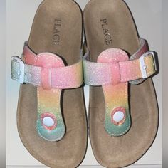 New Without Tags Size 13 Rainbow Glitter Style Adjustable Buckle Footbed Sandals, Rainbow Glitter, Childrens Place, Flip Flop Sandals, Flip Flops, Kids Shoes, Pink And Green, Shoes Sandals, Kids Shop