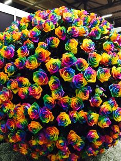 a large bouquet of multicolored roses on display