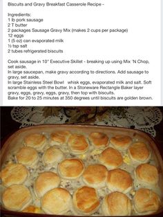 the recipe for biscuits and gravy breakfast casserole is shown in an instagram