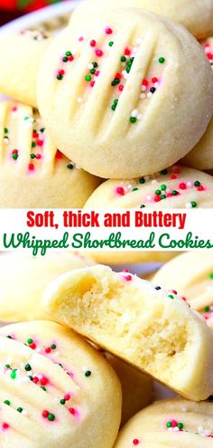 easy whipped shortbread cookies recipe with white frosting and colorful sprinkles