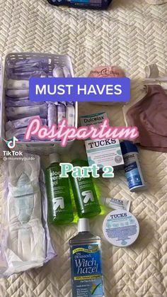 the contents of a travel bag sitting on top of a bed with text overlay that says must haves postpartum part 2