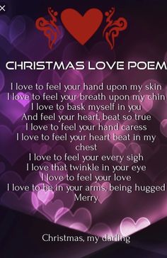 christmas love poem with hearts and lights in the background, on a dark purple background