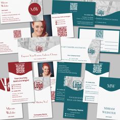 many different business cards and envelopes with logos on the front, back and sides