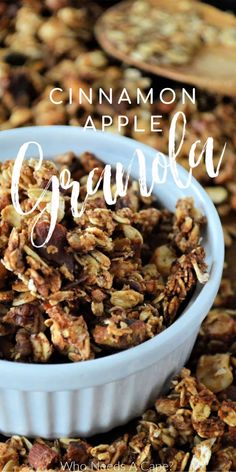 cinnamon apple granola in a white bowl with the title overlay reads, cinnamon apple granola