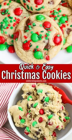 christmas cookies with candy on top and in a bowl next to the same cookie recipe