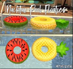 two pictures of watermelon, corn on the cob and donut floats