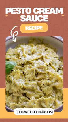 the recipe for pesto cream sauce in a bowl