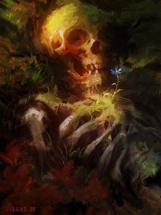 a digital painting of a human skull in the woods with a blue flower on its left hand