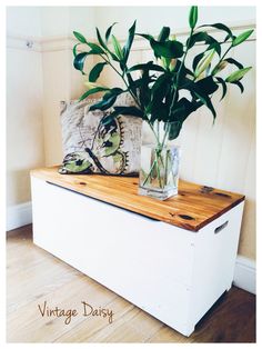 a vase filled with green plants sitting on top of a white chest