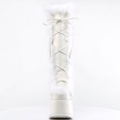 5" Platform Heel Faux Fur Knee High Boots. Lining And Upper Detail. Full Inner Side Zipper. White Faux Leather And Suede. Emac-311 Goth Platforms, Alternative Shoes, Single Sole Heels, Demonia Shoes, Festival Shoes, Punk Boots, Gogo Boots, Cosplay Shoes, Knee Boot