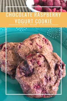 chocolate raspberry yogurt cookie on a blue plate