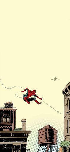 a spider - man flying through the air over a city with tall buildings and an airplane in the sky