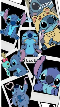 some pictures of stitch and stitch characters with the same name on them, all in different colors