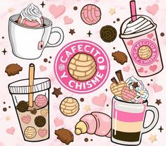 various types of food and drinks on a pink background with hearts around them, including ice cream