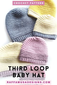 three knitted hats with the text third loop baby hat