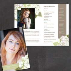 an open brochure with a woman's face and flowers on it