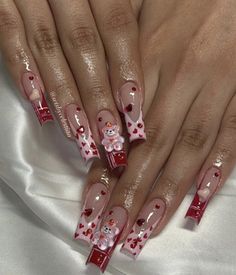 Valentines Nails Coffin Long, Valentines Day Junk Nails, Strawberry Acrylic Nails, Hk Nails, Junk Nails, Long Acrylic Nail Designs, Strawberry Pink, Dope Nail Designs, Pretty Gel Nails