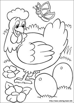 a chicken and some eggs in the grass with butterflies flying above it, coloring pages for kids