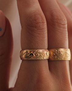 Handmade Gold Rings, Adjustable Etched 14k Gold Jewelry, Adjustable 14k Gold Etched Jewelry, Vintage Thick Band Wedding Jewelry, Etched Gold Round Bands, 14k Gold Etched Wedding Rings, Etched 14k Gold Rings For Weddings, Etched 14k Gold Wedding Rings, Heirloom Engraved Promise Ring With Intricate Design