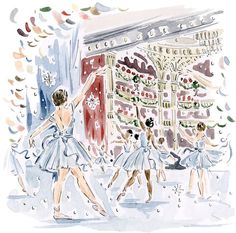 three ballerinas are dancing in front of a store window with christmas decorations on it