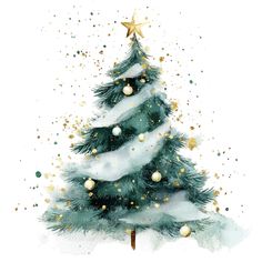 a watercolor painting of a christmas tree with gold and white ornaments on it's branches