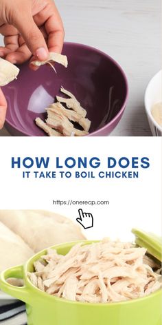 someone is eating some food out of a bowl with the words how long does it take to boil chicken?