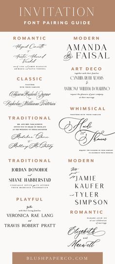 the wedding program is shown with different font styles and colors, including brown, black, white