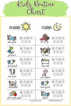 kids routine chart with the words morning and evening