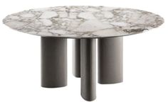 a white marble table with three metal legs