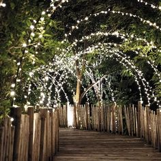 a wooden walkway with lights on it and some trees in the backgroung